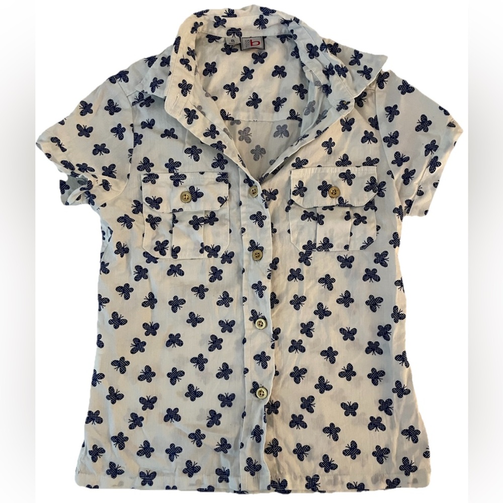 Miss B White Collared Shirt With Navy Butterflies Girls Size 8